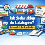 Ilustracja przedstawiająca proces dodawania sklepu internetowego do katalogów SEO – ekran komputera, wizytówka sklepu, lista danych NAP (nazwa, adres, telefon) oraz wykres wzrostu pozycji w Google.