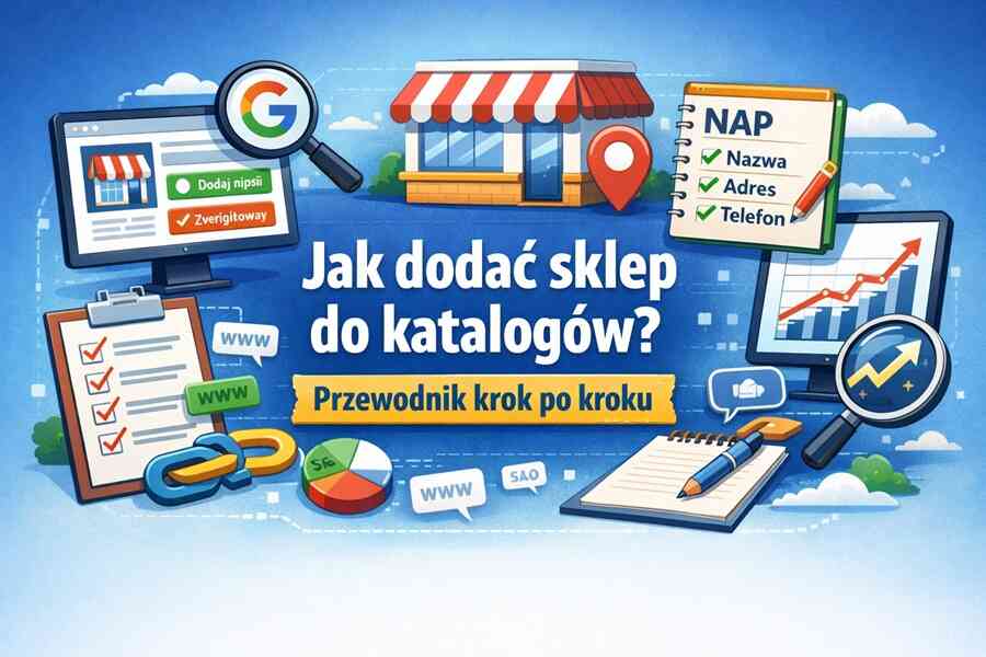 Ilustracja przedstawiająca proces dodawania sklepu internetowego do katalogów SEO – ekran komputera, wizytówka sklepu, lista danych NAP (nazwa, adres, telefon) oraz wykres wzrostu pozycji w Google.
