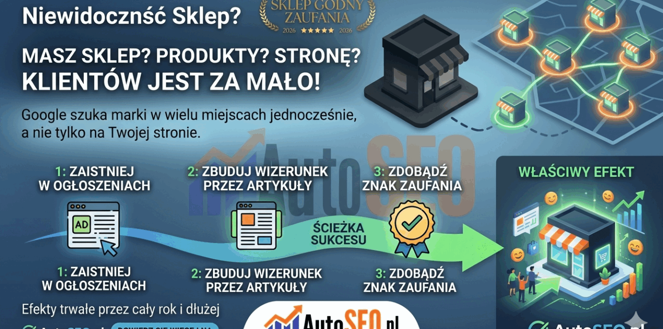 Jak pokonać niewidoczność sklepu w Google? Kompletny przewodnik po budowaniu widoczności marki w internecie od AutoSEO.pl. Infografika AutoSEO.pl przedstawiająca proces zwiększania widoczności sklepu w internecie w trzech krokach: ogłoszenia, artykuły sponsorowane, katalogi. U góry napis "Niewidoczność Sklepu? Masz sklep? Produkty? Stronę? Klientów jest za mało!". Po prawej stronie mapa z lokalizacjami i wizualizacja sklepu po optymalizacji.