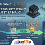 Infografika AutoSEO.pl przedstawiająca proces zwiększania widoczności sklepu w internecie w trzech krokach: ogłoszenia, artykuły sponsorowane, katalogi. U góry napis "Niewidoczność Sklepu? Masz sklep? Produkty? Stronę? Klientów jest za mało!". Po prawej stronie mapa z lokalizacjami i wizualizacja sklepu po optymalizacji.