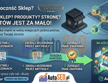 Infografika AutoSEO.pl przedstawiająca proces zwiększania widoczności sklepu w internecie w trzech krokach: ogłoszenia, artykuły sponsorowane, katalogi. U góry napis "Niewidoczność Sklepu? Masz sklep? Produkty? Stronę? Klientów jest za mało!". Po prawej stronie mapa z lokalizacjami i wizualizacja sklepu po optymalizacji.