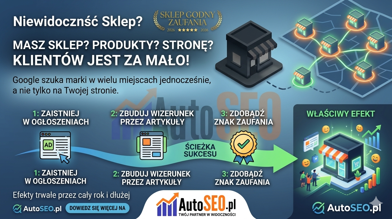 Infografika AutoSEO.pl przedstawiająca proces zwiększania widoczności sklepu w internecie w trzech krokach: ogłoszenia, artykuły sponsorowane, katalogi. U góry napis "Niewidoczność Sklepu? Masz sklep? Produkty? Stronę? Klientów jest za mało!". Po prawej stronie mapa z lokalizacjami i wizualizacja sklepu po optymalizacji.