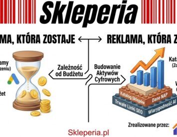 Infografika porównująca płatne reklamy Google Ads z trwałą reklamą w katalogach sklepów internetowych. Po lewej klepsydra symbolizująca znikający budżet reklamowy, po prawej fundamenty z napisem Trwałe Linki SEO i Dane NAP budujące stałą widoczność sklepu. Logotypy Skleperia i AutoSEO.
