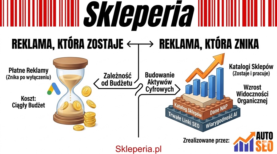 Infografika porównująca płatne reklamy Google Ads z trwałą reklamą w katalogach sklepów internetowych. Po lewej klepsydra symbolizująca znikający budżet reklamowy, po prawej fundamenty z napisem Trwałe Linki SEO i Dane NAP budujące stałą widoczność sklepu. Logotypy Skleperia i AutoSEO.