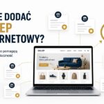 Laptop ze sklepem internetowym połączony z katalogami sklepów online i ikoną wyszukiwania. Grafika przedstawia dodawanie sklepu internetowego do katalogów w celu zwiększenia widoczności w internecie.