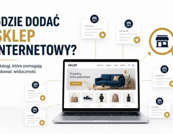 Laptop ze sklepem internetowym połączony z katalogami sklepów online i ikoną wyszukiwania. Grafika przedstawia dodawanie sklepu internetowego do katalogów w celu zwiększenia widoczności w internecie.