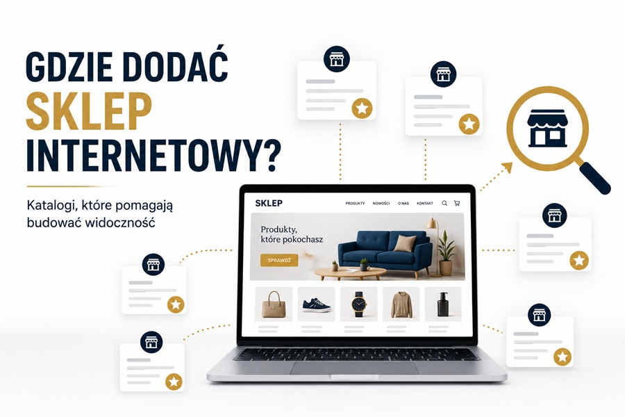 Laptop ze sklepem internetowym połączony z katalogami sklepów online i ikoną wyszukiwania. Grafika przedstawia dodawanie sklepu internetowego do katalogów w celu zwiększenia widoczności w internecie.